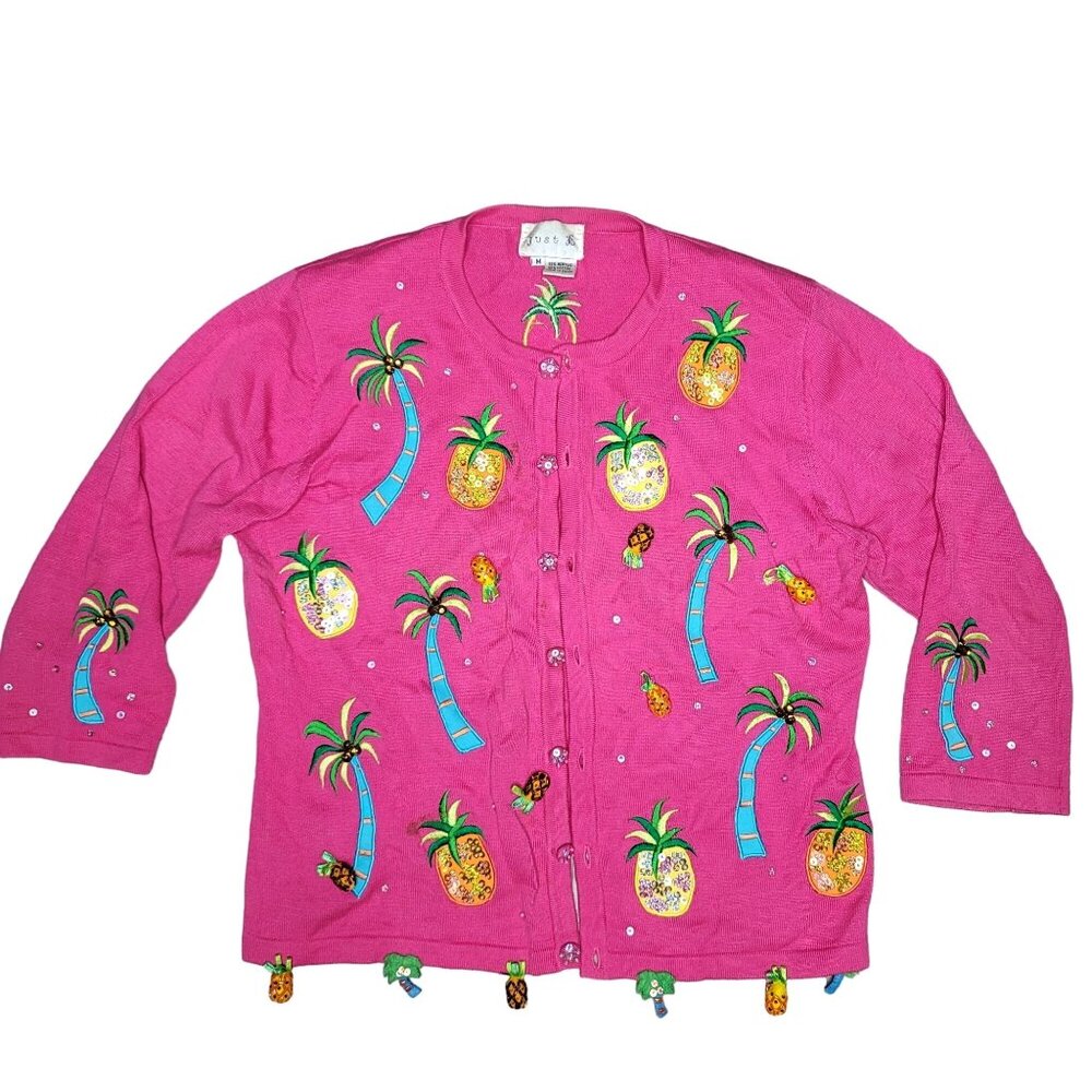 Just B. Vintage Tropical pineapple beaded Sequim palm tree Embroided cartigan M